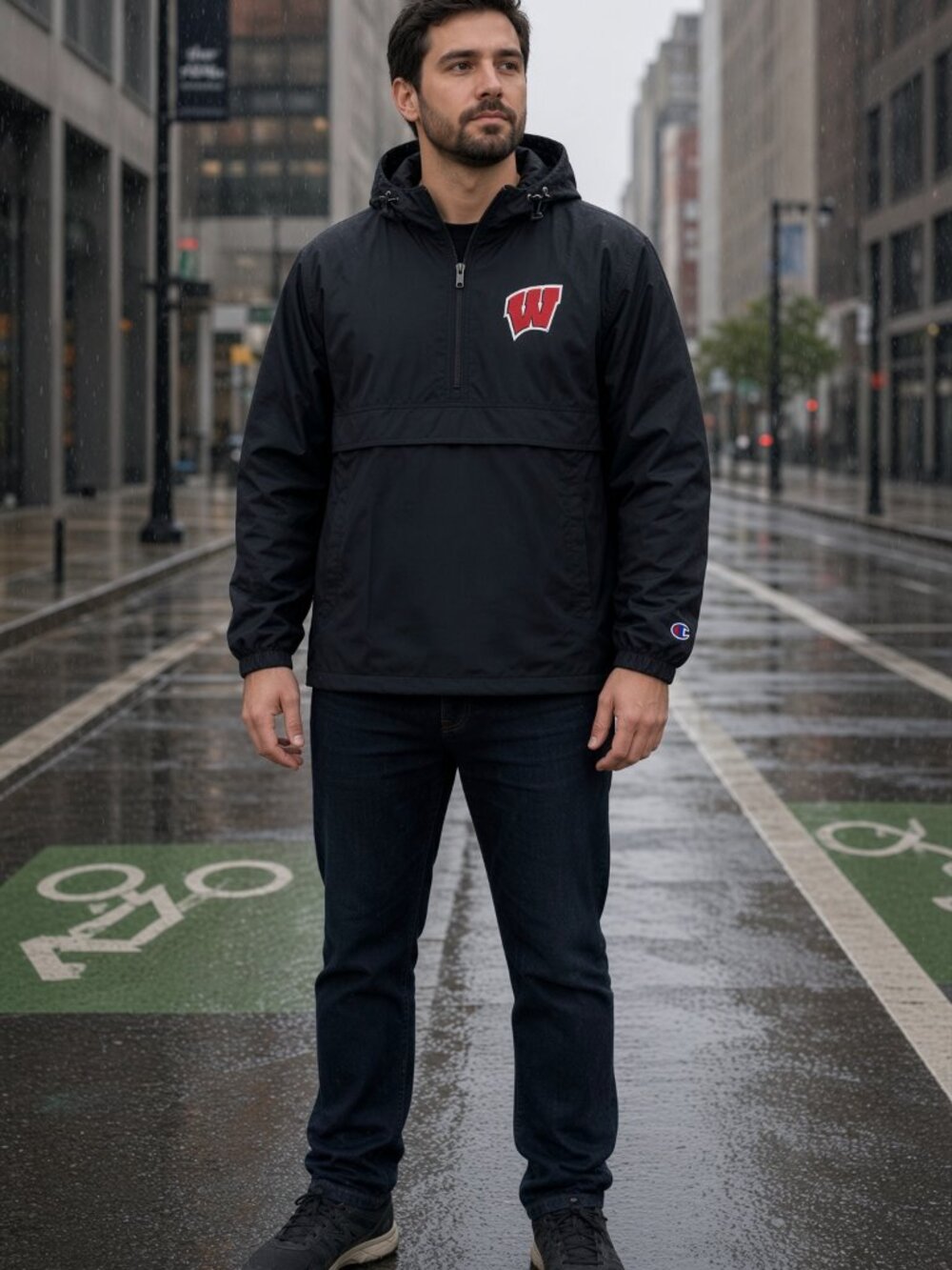 Champion Men Black Hoody Anorak Sport Windbreaker Casual Pullover US S